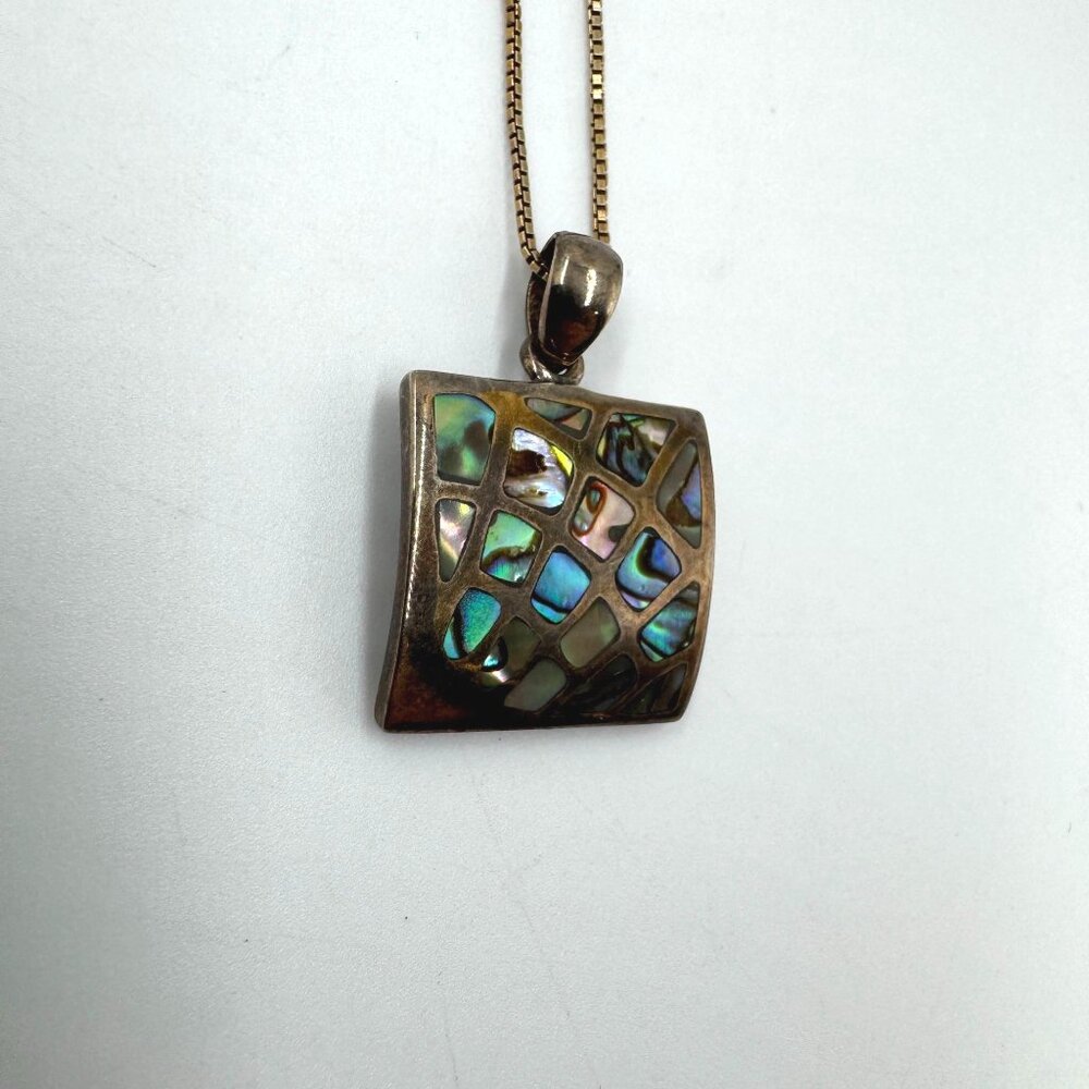 Vtg Abalone Shell Mosaic Square Pendant Sterling Silver Gold Tone Necklace Sea - Picture 2 of 16